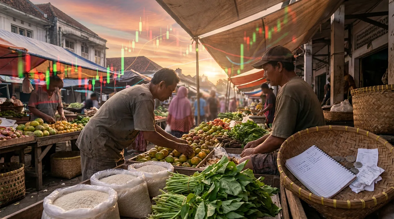 Suasana pasar tradisional di Indonesia dengan latar belakang grafik pasar saham abstrak, melambangkan dampak volatilitas ekonomi global terhadap harga kebutuhan pokok.
