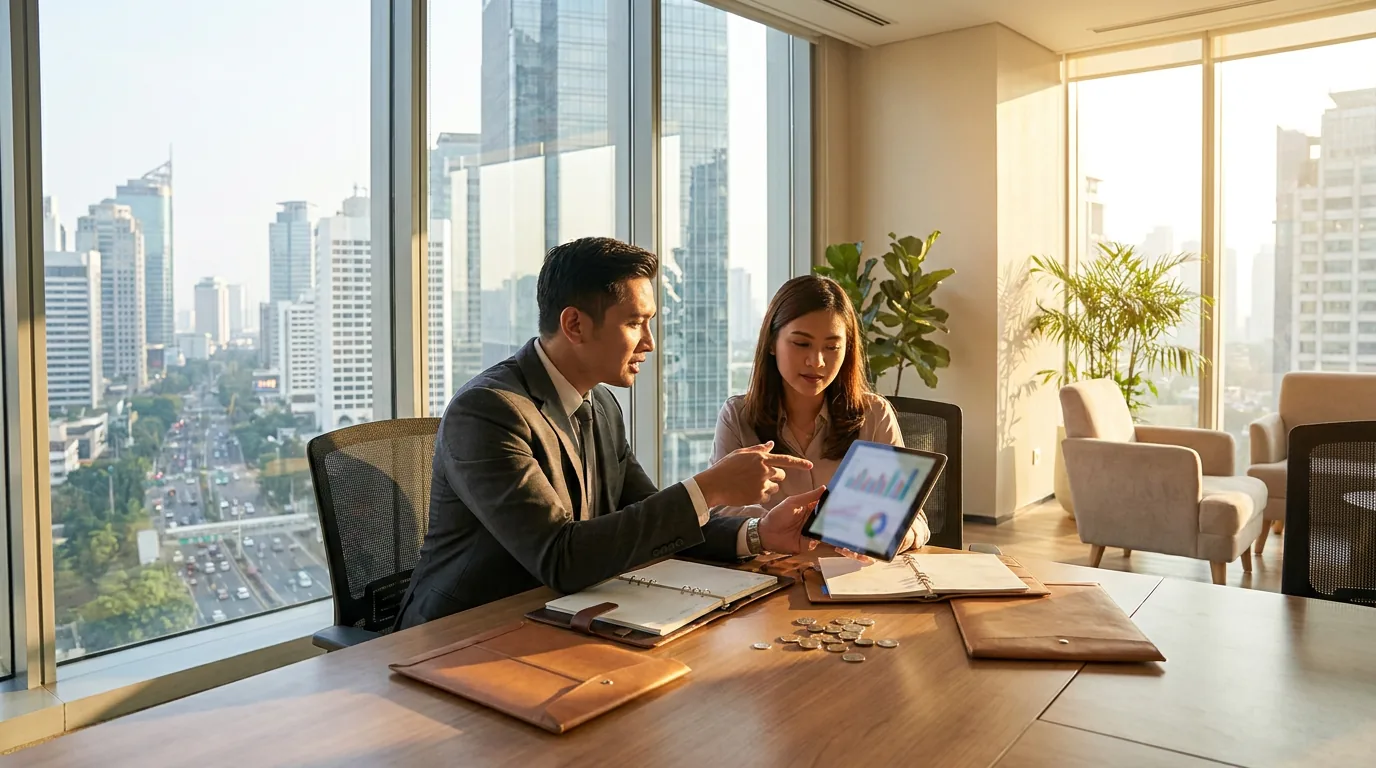 Penasihat keuangan profesional sedang berdiskusi dengan klien di kantor modern berlatar gedung pencakar langit Jakarta.