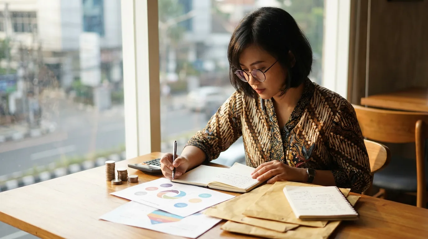 Seorang profesional di Indonesia sedang menganalisis dokumen proyeksi bisnis di ruang kerja modern sebelum mengambil keputusan pendanaan strategis.