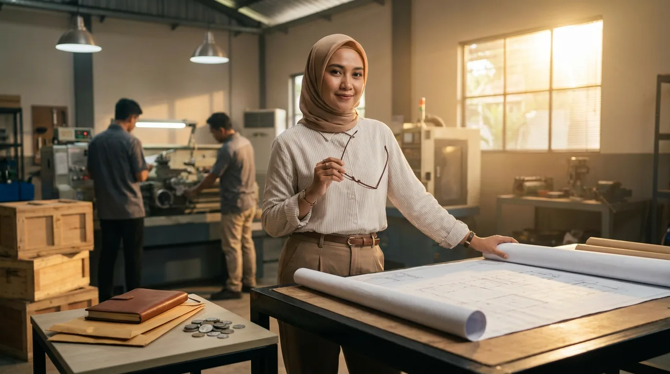 Seorang pengusaha Indonesia sedang meninjau cetak biru perencanaan di dalam bengkel manufaktur modern, melambangkan investasi dan utang produktif untuk pertumbuhan bisnis.