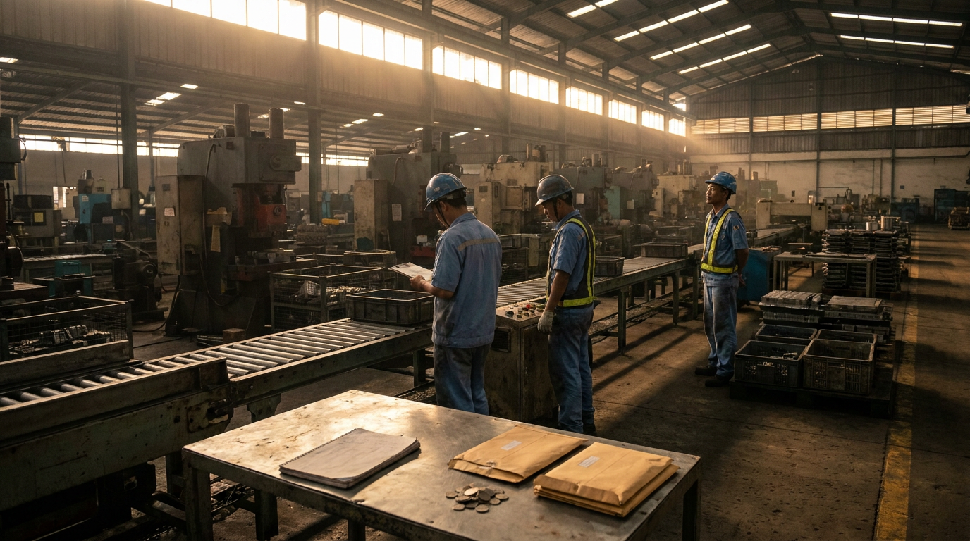 Suasana di dalam pabrik manufaktur di Indonesia dengan deretan mesin dan pekerja, mencerminkan tantangan dan perlambatan di sektor industri.