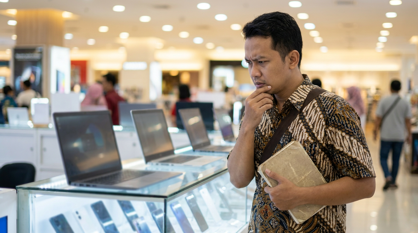 Seorang konsumen di Indonesia sedang mengamati barang elektronik di toko dengan ekspresi berpikir, menggambarkan dampak langsung kenaikan harga barang impor.