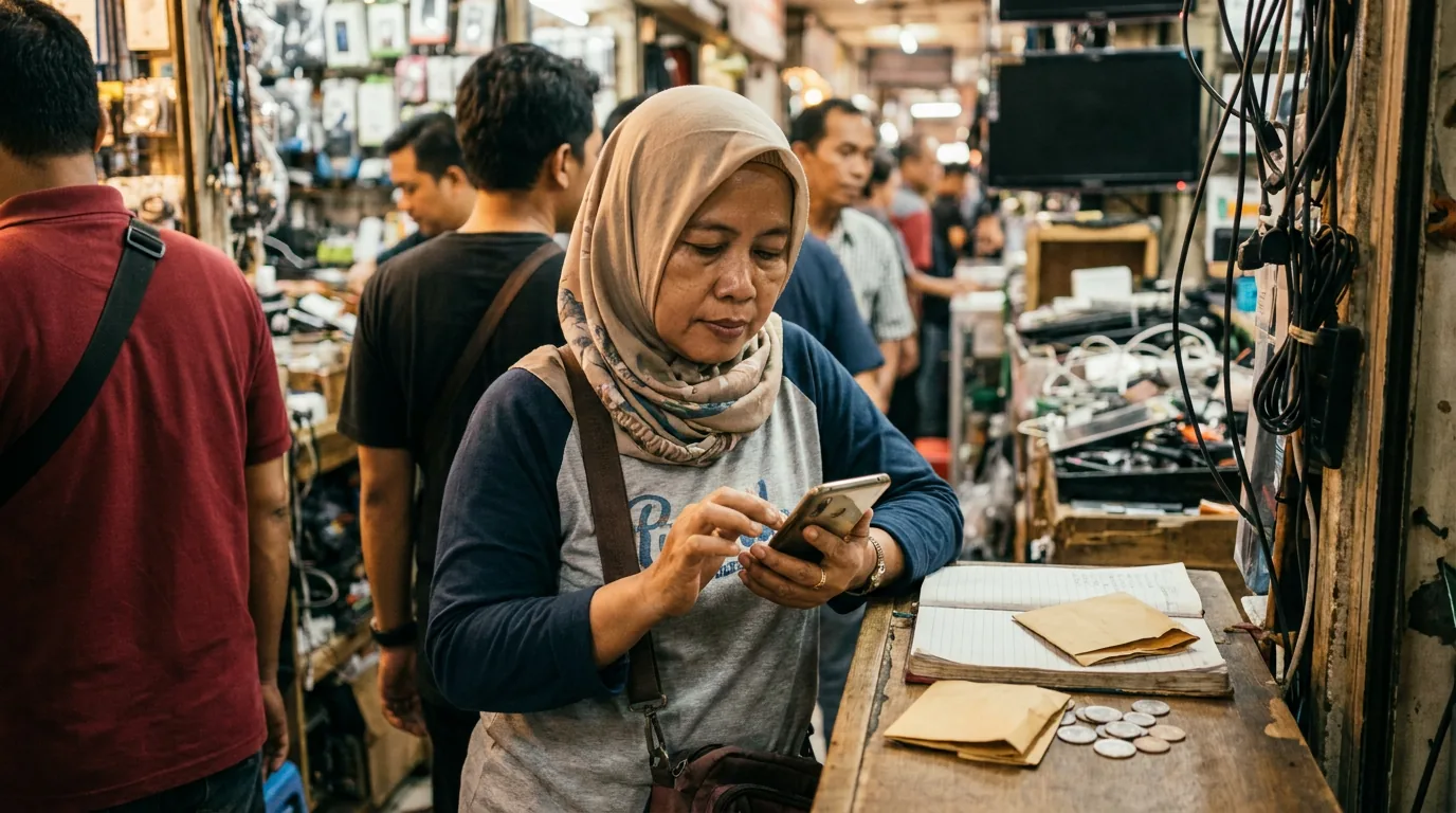 Konsumen di pusat perbelanjaan elektronik di Indonesia sedang menggunakan ponsel pintar untuk mengakses layanan keuangan digital.