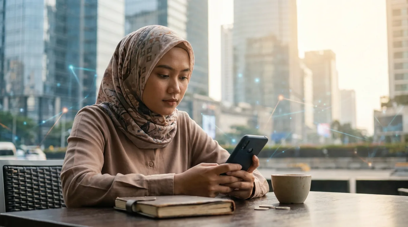 Seorang profesional muda Indonesia melihat ponsel pintar dengan latar belakang gedung perkantoran dan elemen digital abstrak yang melambangkan AI.