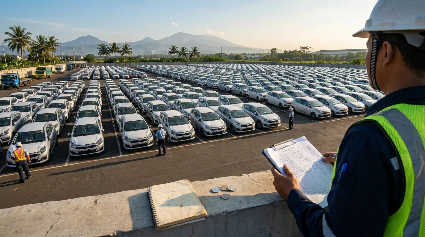 Deretan mobil baru yang terparkir rapi di pusat distribusi otomotif di Indonesia.