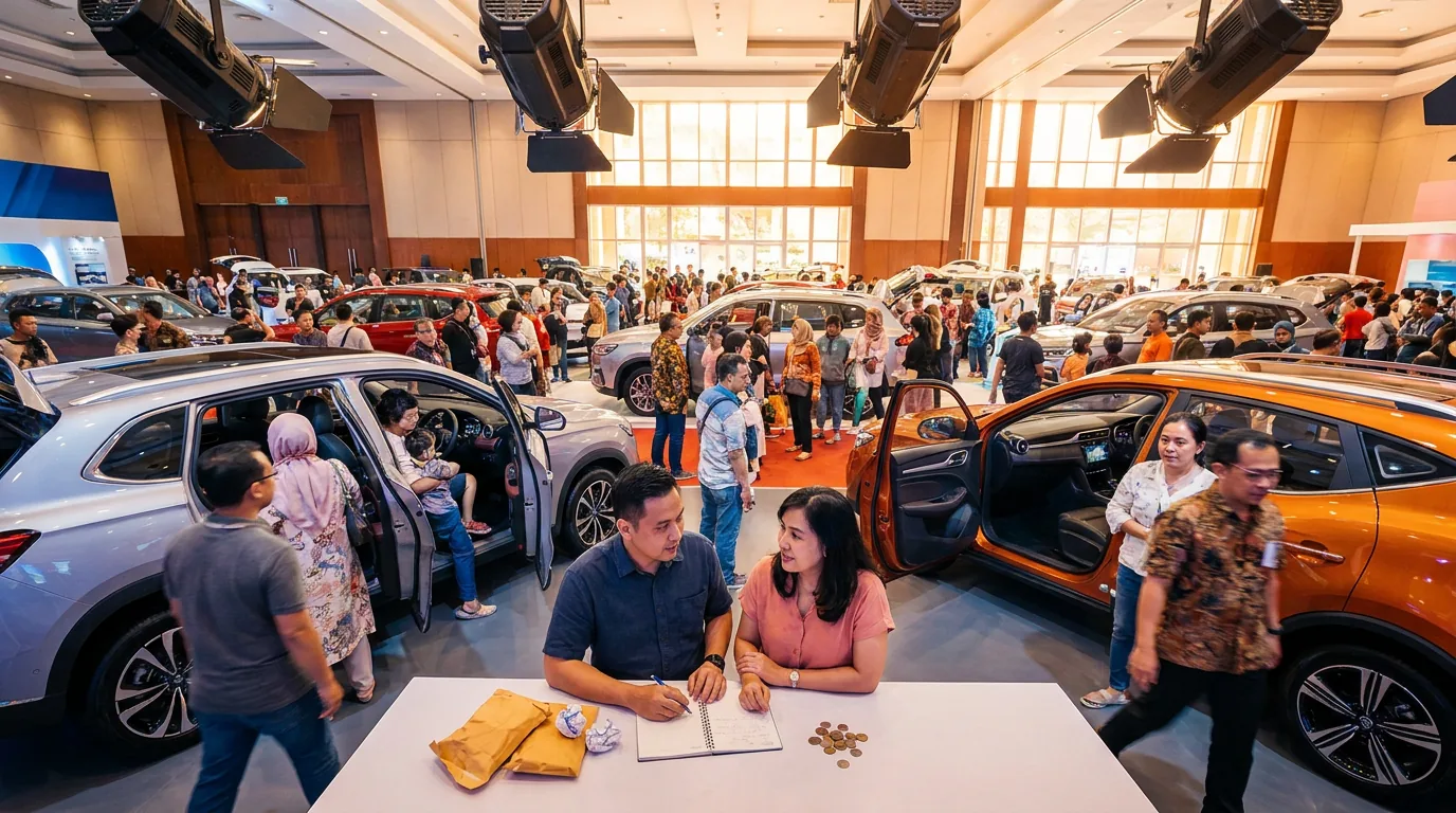Keramaian pengunjung pameran otomotif di Indonesia yang sedang melihat berbagai mobil baru.