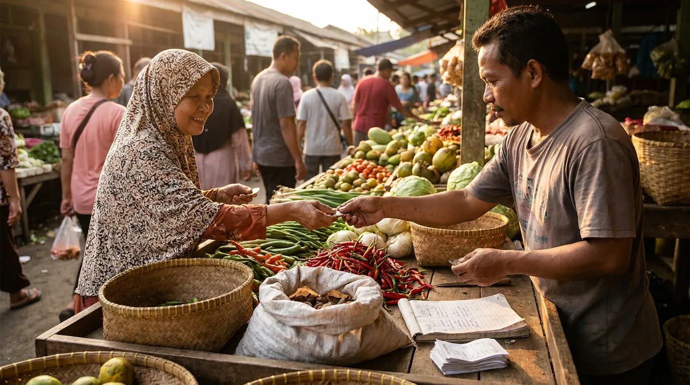 Aktivitas jual beli dan interaksi konsumen di pasar tradisional Indonesia.