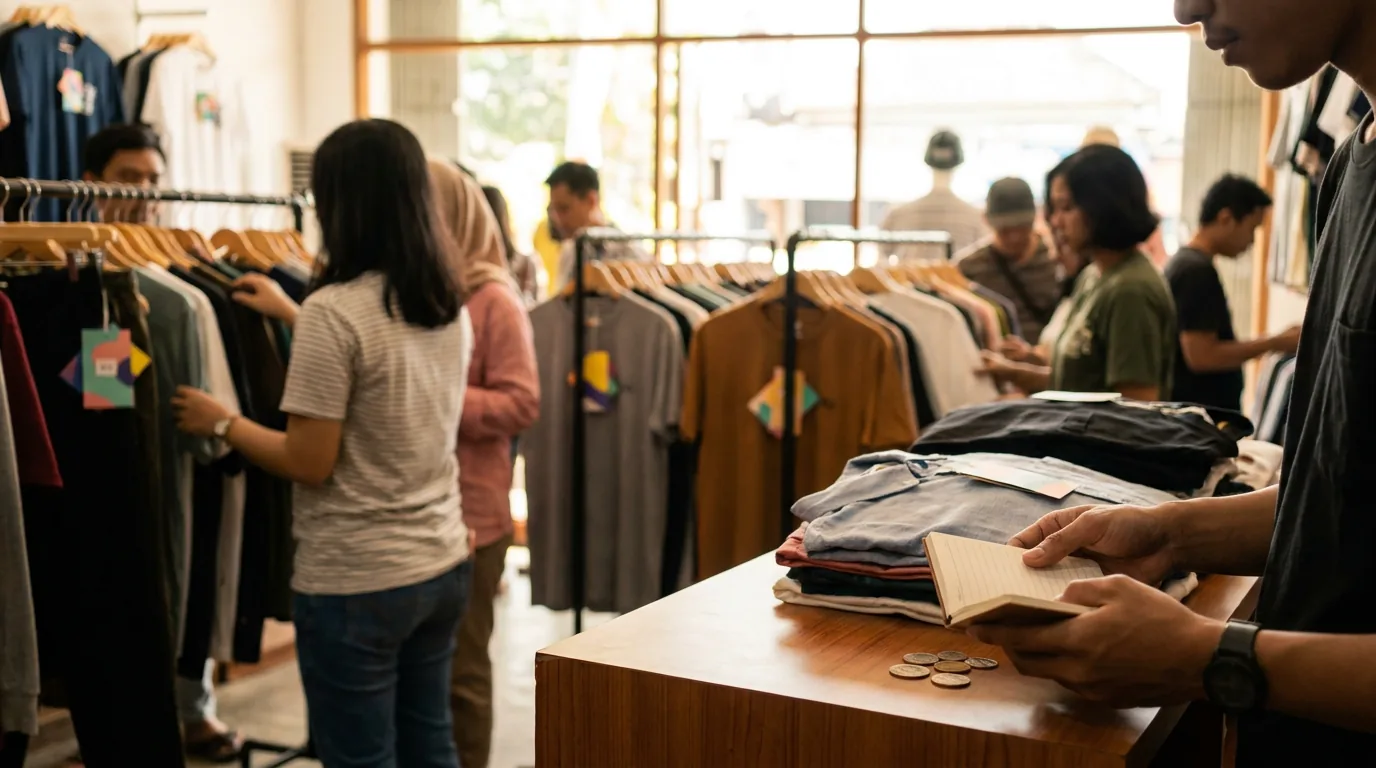 Pengunjung melihat-lihat pakaian dengan label promo di pusat perbelanjaan.