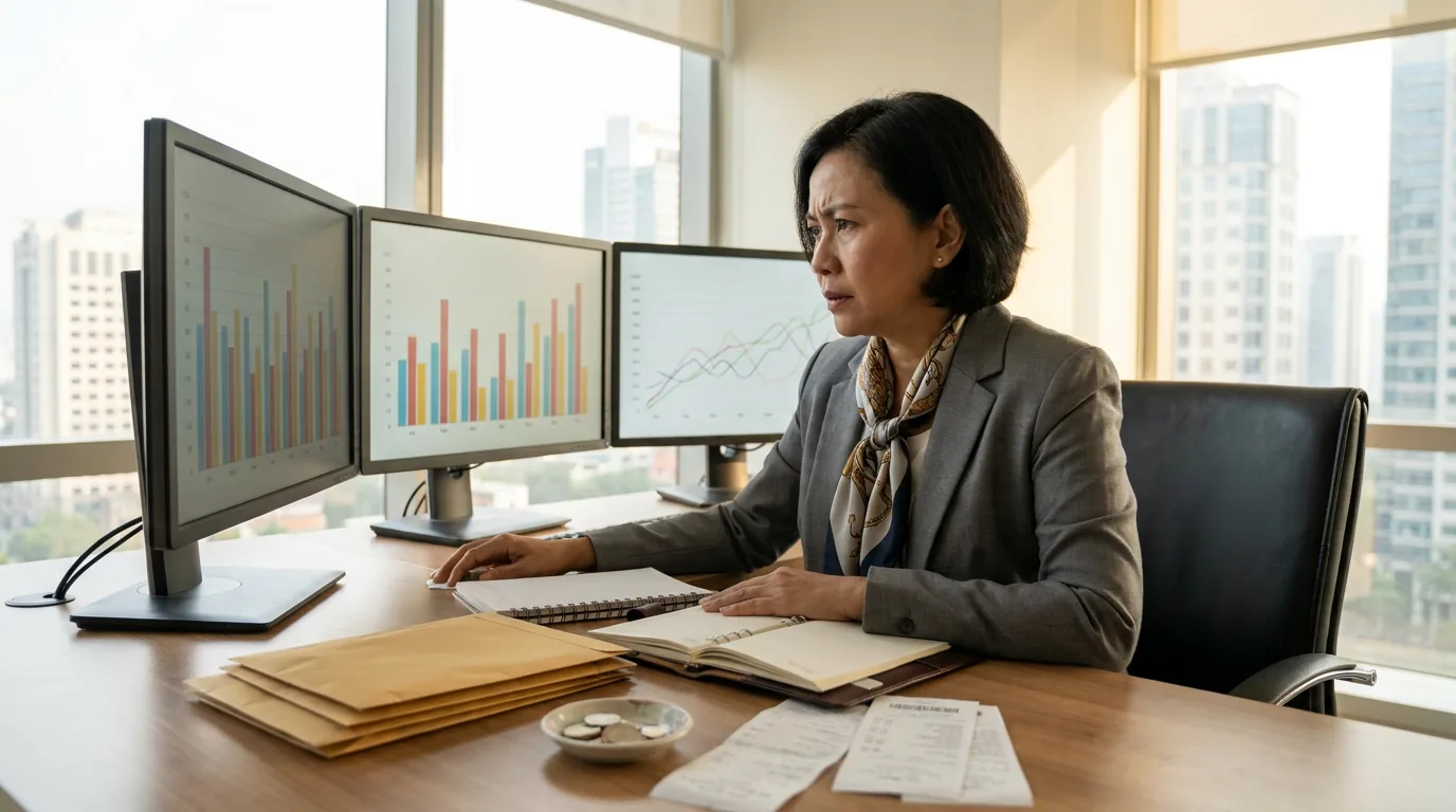 Petugas kepatuhan bank di Indonesia sedang memantau grafik transaksi keuangan di layar monitor untuk mencegah aktivitas mencurigakan.