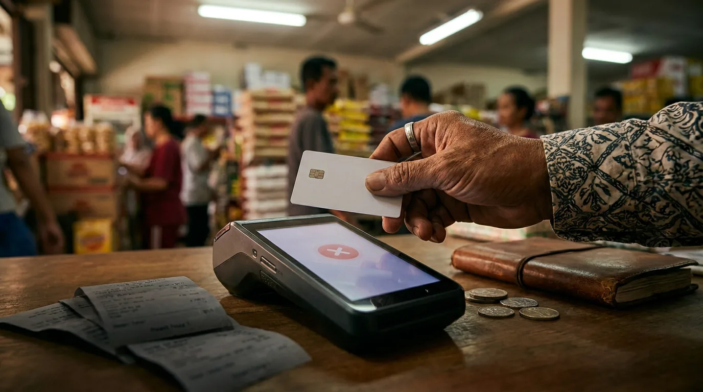 Ilustrasi tangan seseorang memegang kartu debit di dekat mesin EDC dengan cahaya merah yang menandakan transaksi ditolak atau rekening diblokir.
