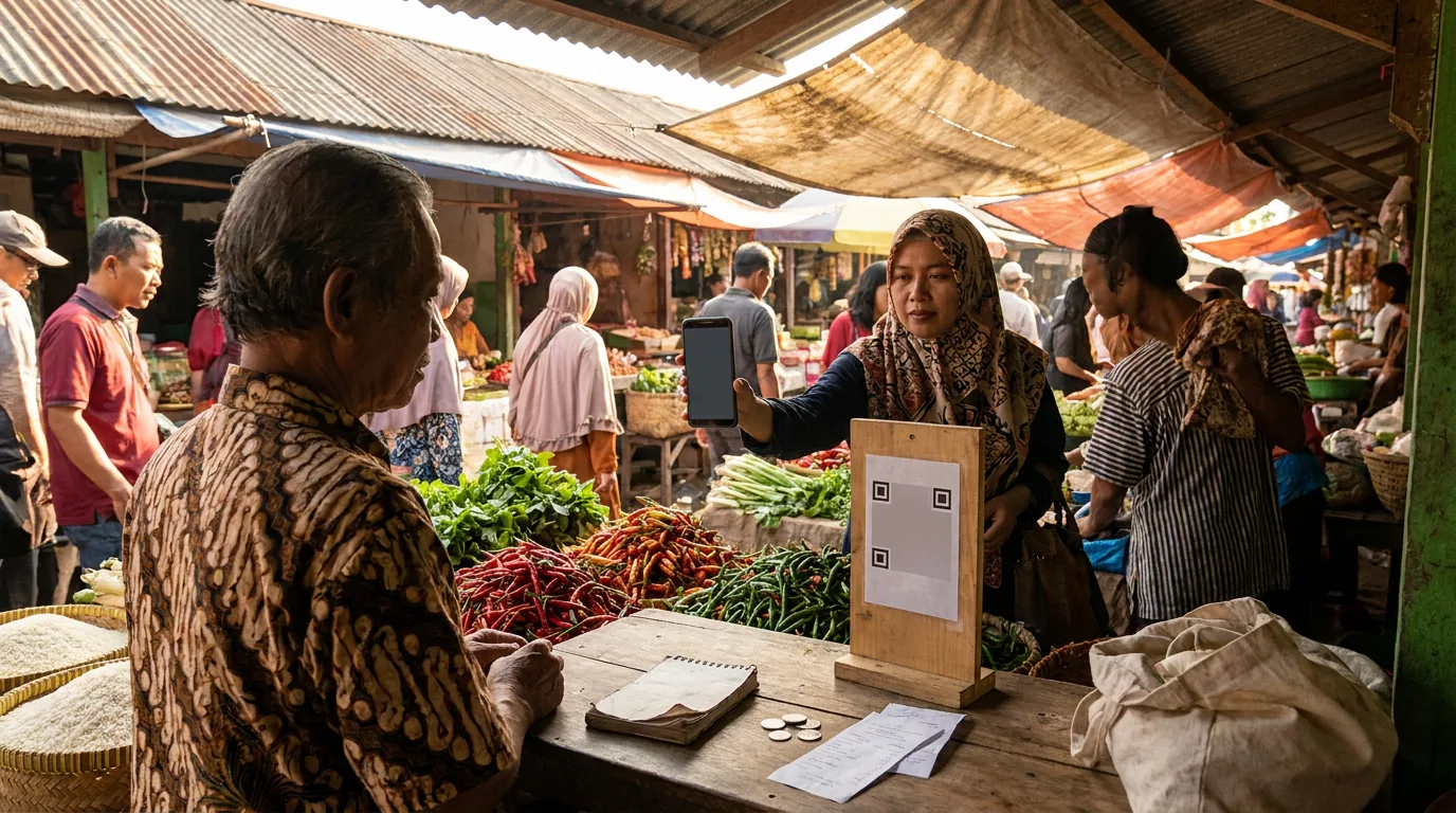 Suasana sibuk di pasar tradisional Indonesia di mana pembeli melakukan pembayaran digital untuk membeli kebutuhan bahan pokok sehari-hari.