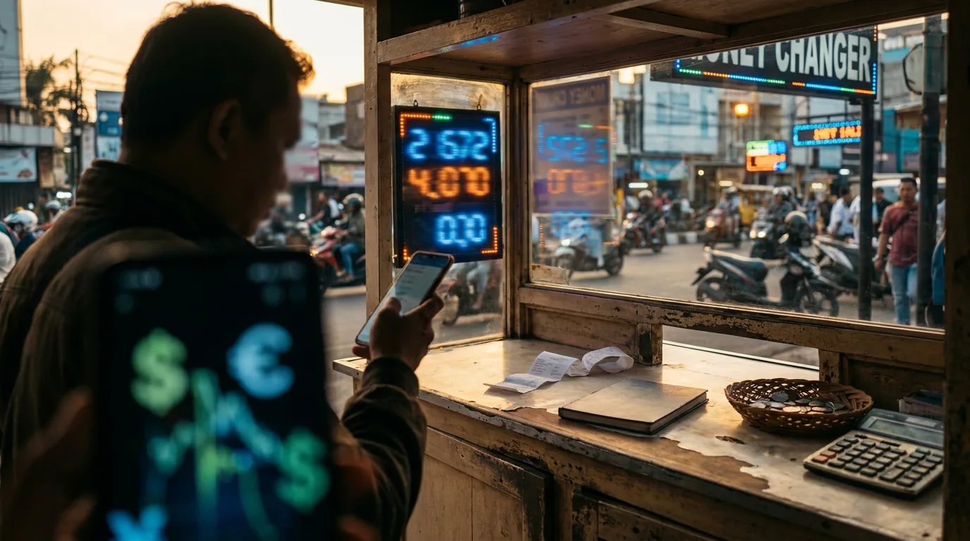 Siluet seseorang memegang ponsel pintar di depan papan penukaran mata uang asing yang buram, menggambarkan dampak sistem keuangan global terhadap nilai tukar Rupiah.
