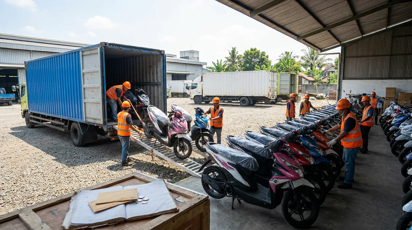 Truk pengangkut sedang menurunkan deretan sepeda motor baru di pusat distribusi otomotif Indonesia.