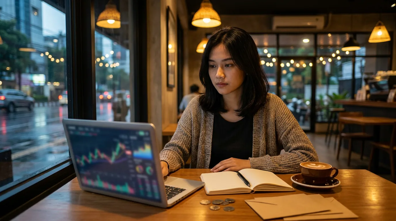 Profesional muda Indonesia sedang fokus belajar dan merencanakan keuangan menggunakan laptop di sebuah kafe, sebagai langkah persiapan menghadapi era AI.