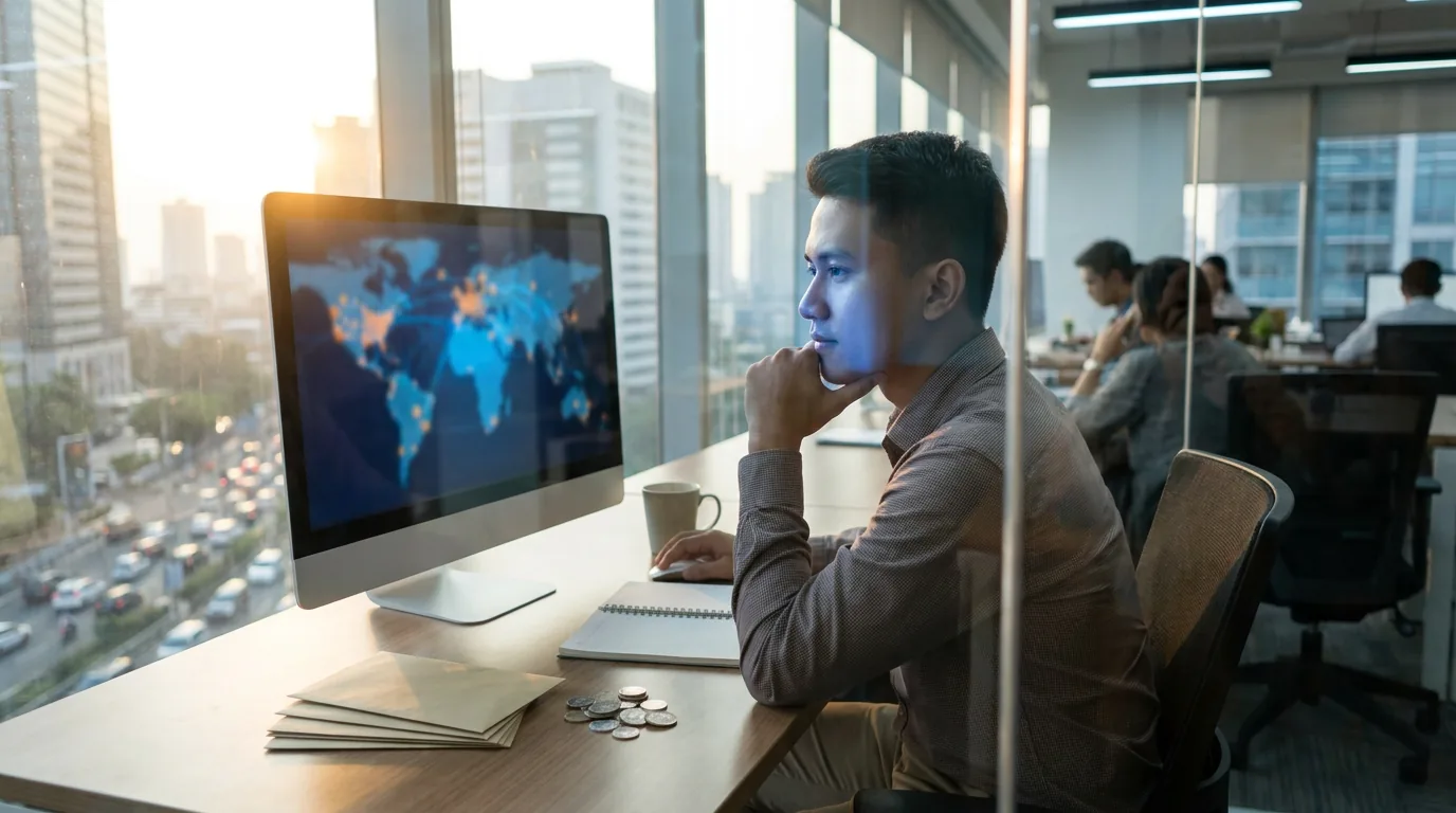 Pekerja kantoran di Jakarta sedang menatap layar komputer yang memancarkan cahaya data digital, melambangkan masuknya teknologi AI di dunia kerja.