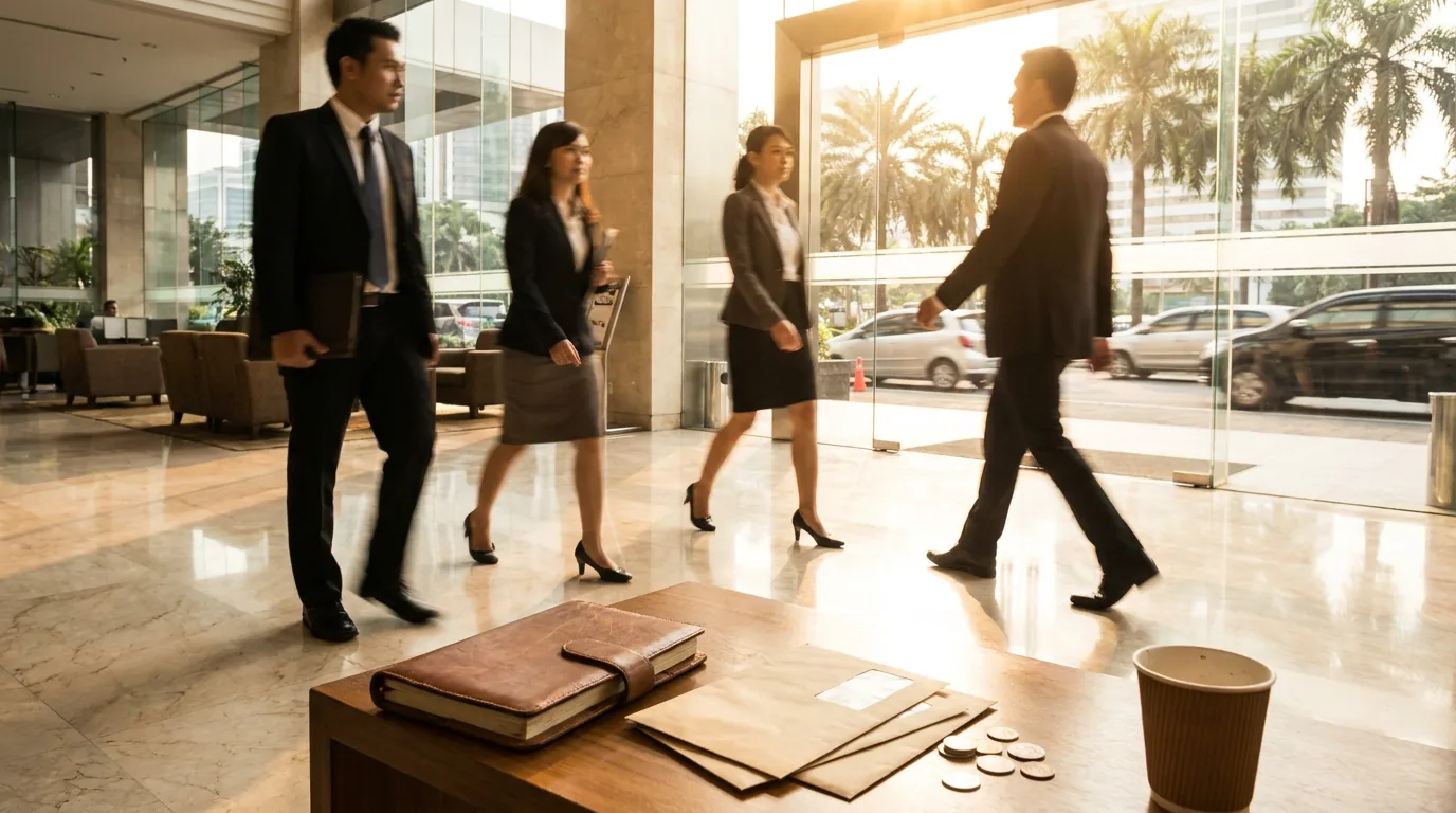 Eksekutif bisnis berjalan dengan cepat di lobi gedung perkantoran modern di kawasan bisnis Jakarta, melambangkan pergerakan karir yang dinamis.