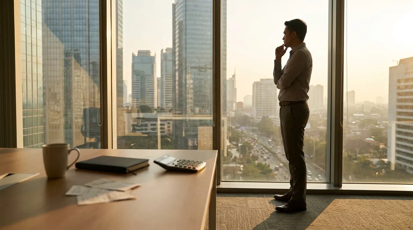 Seorang profesional muda Indonesia berdiri di dekat jendela kantor bertingkat menatap pemandangan kota Jakarta, memikirkan transisi karir dan persiapan finansial.