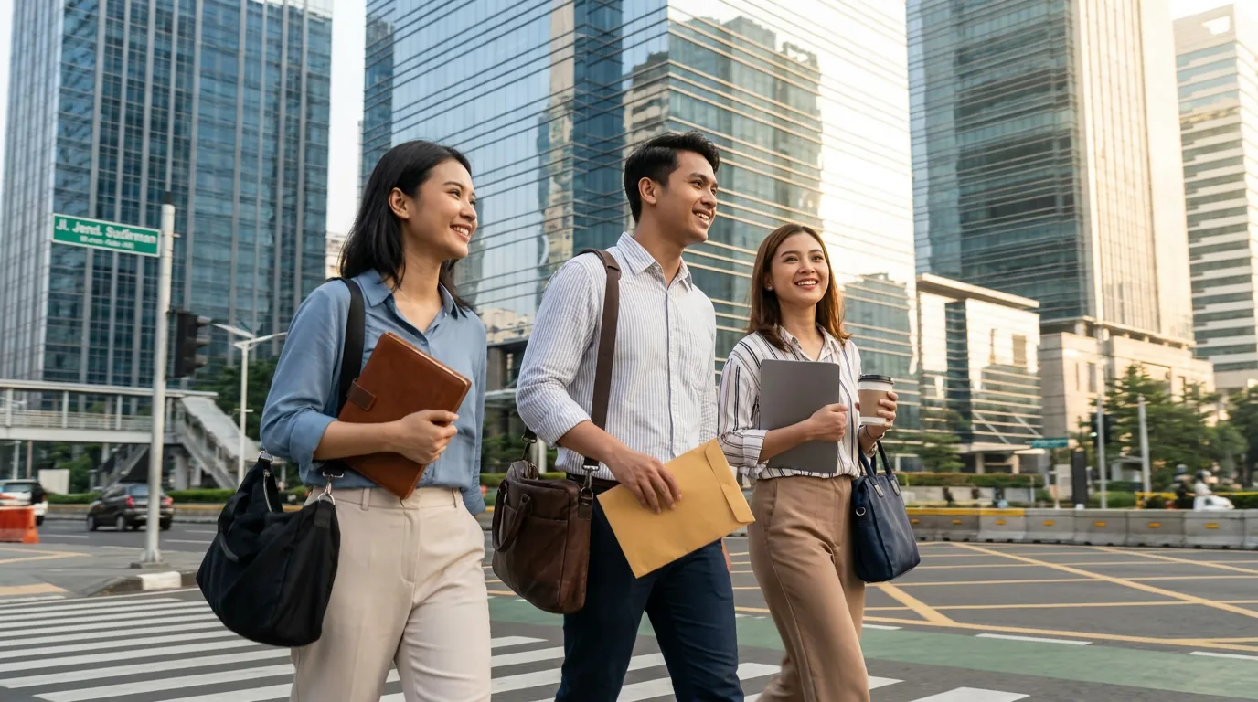Profesional muda berjalan cepat di kawasan bisnis SCBD Jakarta yang melambangkan mobilitas karir dan tren kutu loncat.