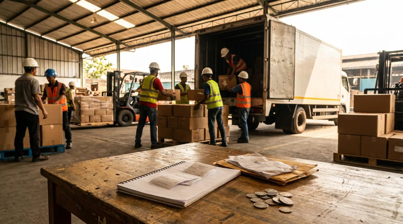 Aktivitas pekerja di gudang logistik yang sedang memuat barang, menunjukkan pergerakan rantai pasok dan roda ekonomi riil yang kembali berputar.