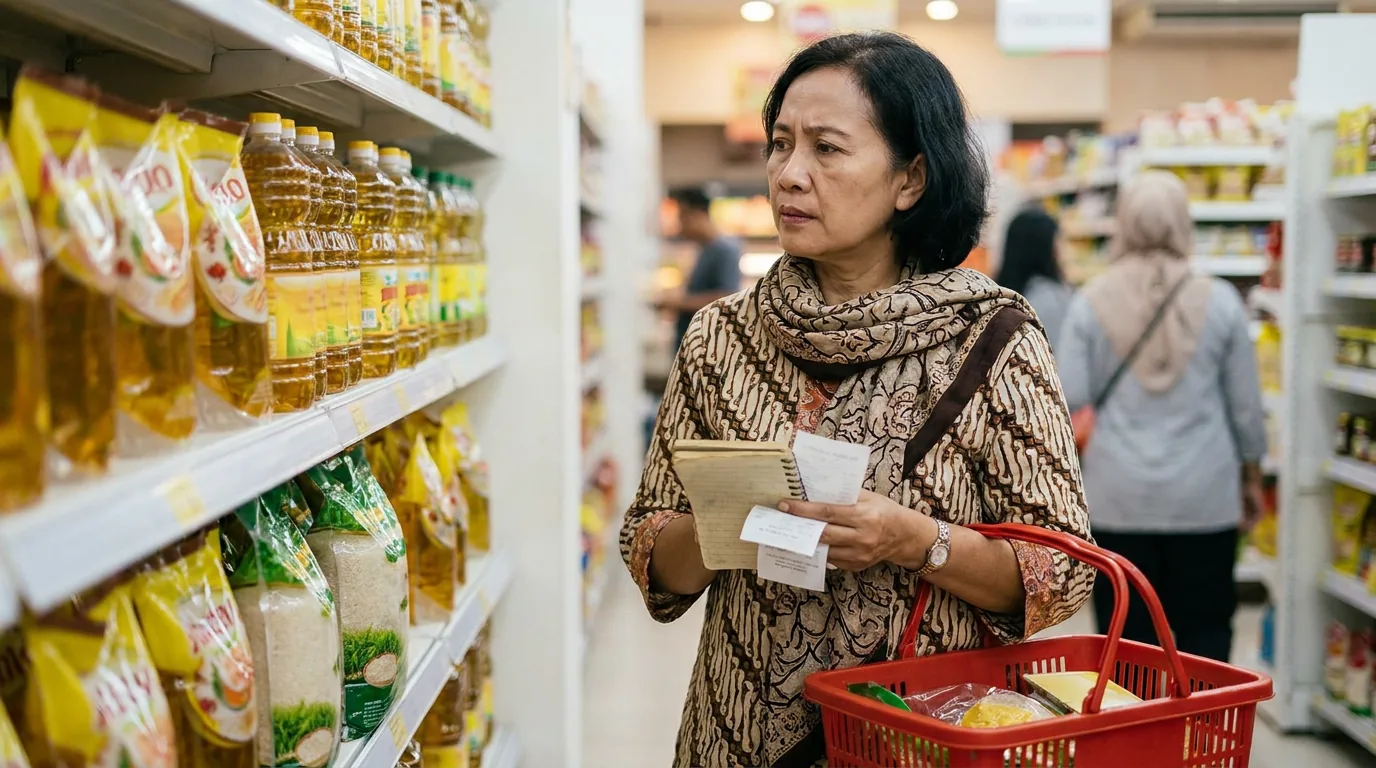 Seorang konsumen sedang memilih barang kebutuhan pokok di lorong supermarket, menggambarkan dampak kenaikan harga barang terhadap pengeluaran harian kelas menengah.