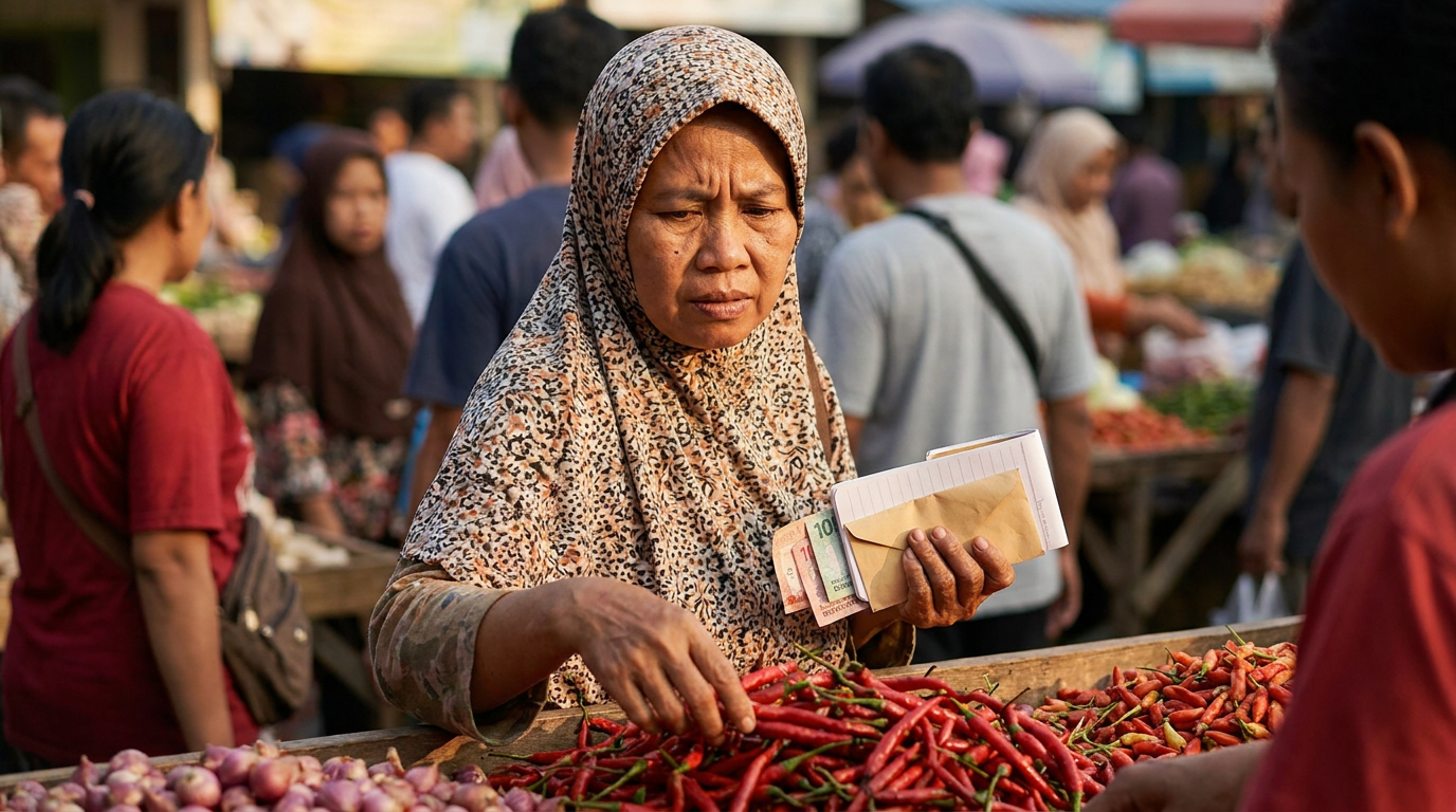 Seorang ibu rumah tangga sedang berbelanja bahan pokok di pasar tradisional Indonesia dengan raut wajah khawatir, menggambarkan dampak lesunya ekonomi terhadap harga barang kebutuhan sehari-hari.