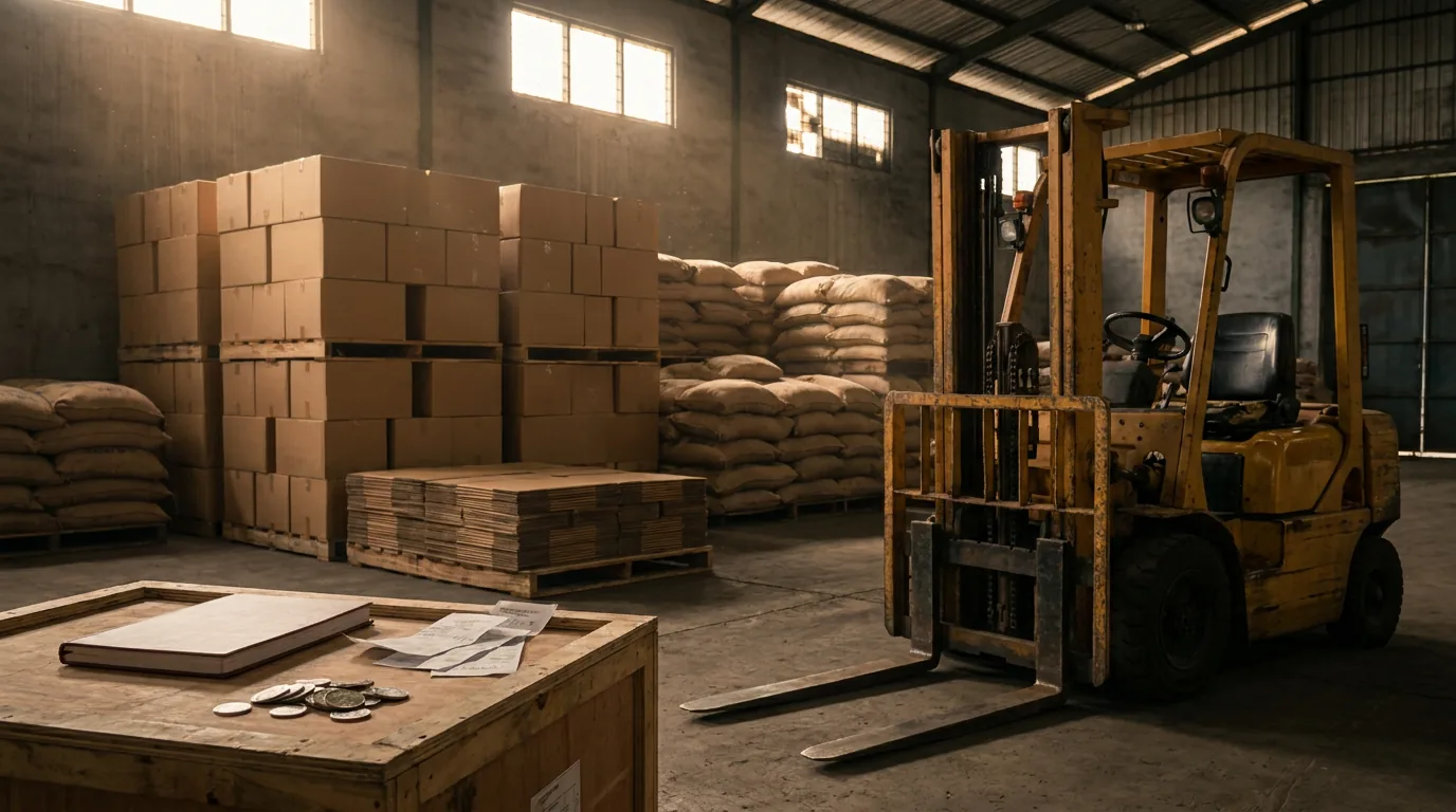 Tumpukan barang di gudang industri yang sepi, menggambarkan stagnasi permintaan dan penumpukan stok akibat perlambatan ekonomi.