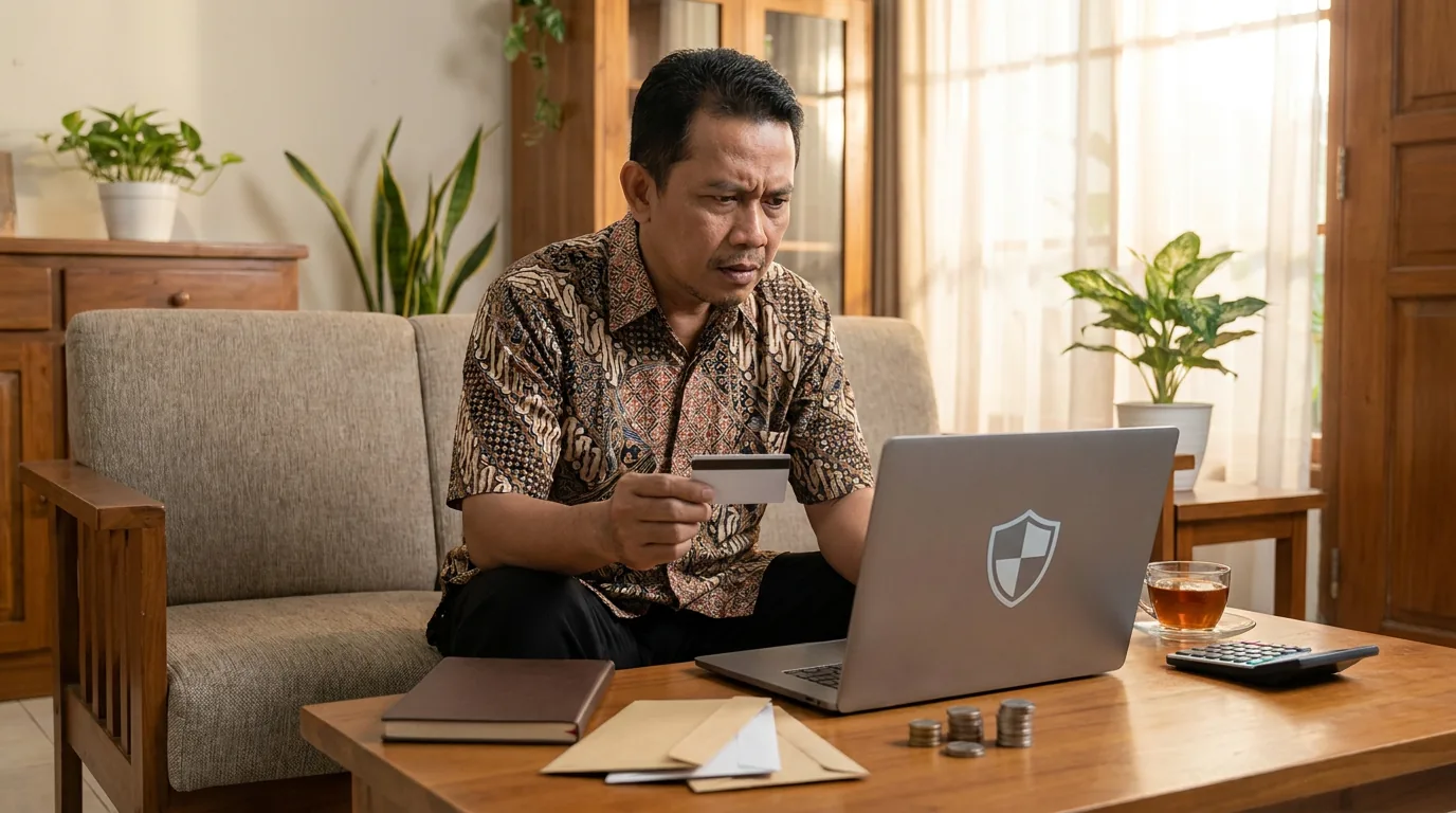 Seorang konsumen Indonesia tampak waspada saat memegang kartu bank di depan laptop, menyadari pentingnya melindungi diri dari pencurian identitas.