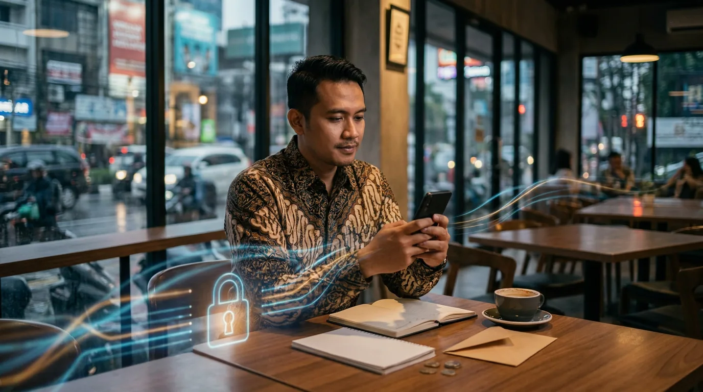 Seseorang menggunakan ponsel pintar untuk transaksi digital dengan ilustrasi gembok keamanan siber yang melambangkan privasi data.