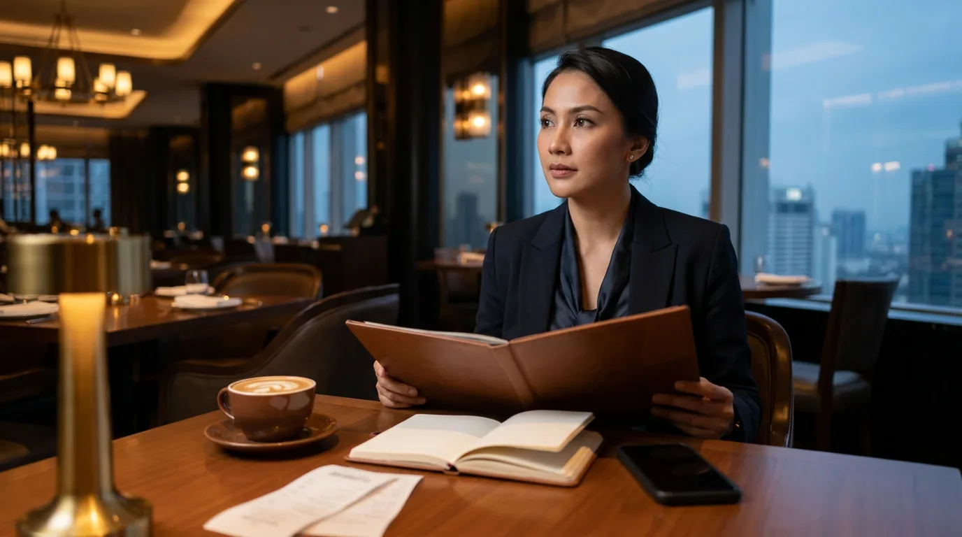 Eksekutif wanita Indonesia sedang duduk di restoran mewah di Jakarta, merepresentasikan godaan inflasi gaya hidup atau lifestyle creep setelah mendapatkan kenaikan gaji.