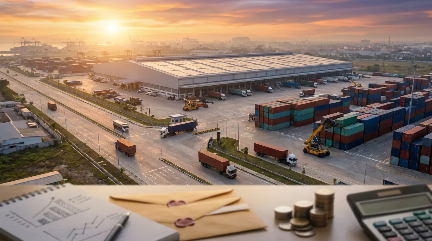 Pemandangan udara fasilitas gudang logistik modern dan terminal peti kemas yang sibuk di pagi hari merepresentasikan investasi aset raksasa.