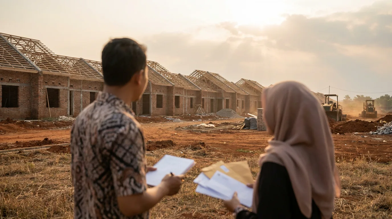 Pasangan muda Indonesia sedang melihat proyek pembangunan perumahan yang merepresentasikan pasar Kredit Pemilikan Rumah (KPR).