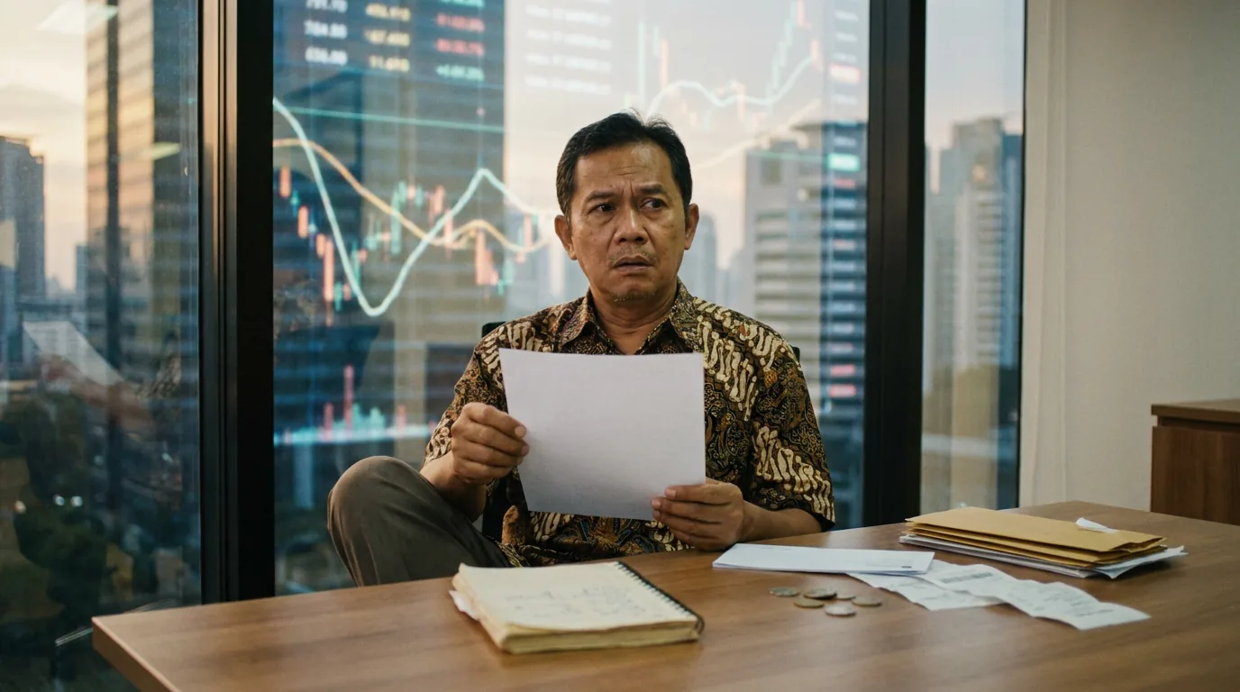 Pria Indonesia sedang mengevaluasi dokumen pinjaman di kantor bank dengan pantulan grafik keuangan global yang abstrak.