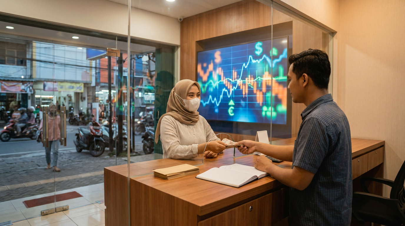 Suasana transaksi di money changer lokal yang menunjukkan dinamika nilai tukar mata uang asing dan aliran modal di Indonesia.