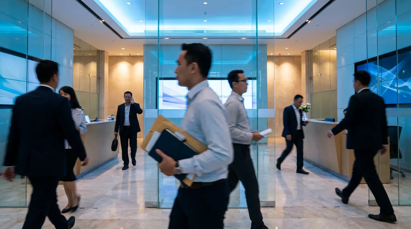 Suasana lobi kantor perbankan modern yang sibuk dengan efek gerak cepat, menggambarkan efisiensi dan perombakan manajemen.