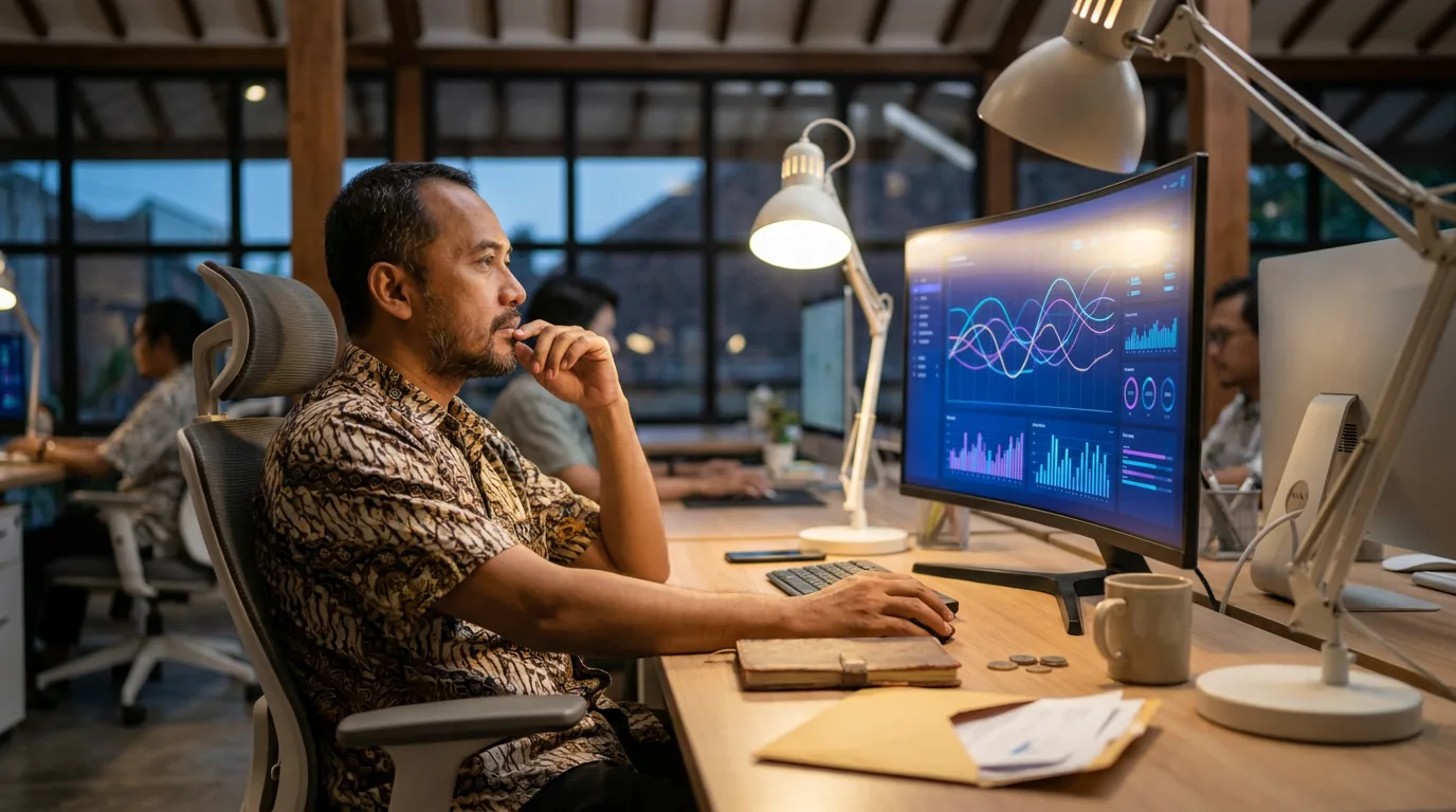 Pekerja startup di Indonesia sedang menatap layar monitor berisi grafik data, merenungkan adaptasi karir di tengah ancaman disrupsi AI.