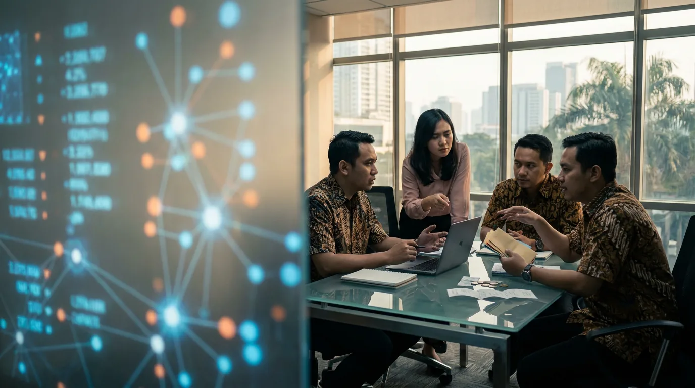 Suasana rapat serius pekerja kantoran di Jakarta dengan proyeksi data digital yang melambangkan disrupsi AI di perusahaan.