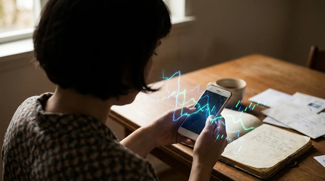 Tampilan layar ponsel yang menunjukkan grafik keuangan digital yang rumit dan abstrak, melambangkan risiko data buatan yang tidak akurat.