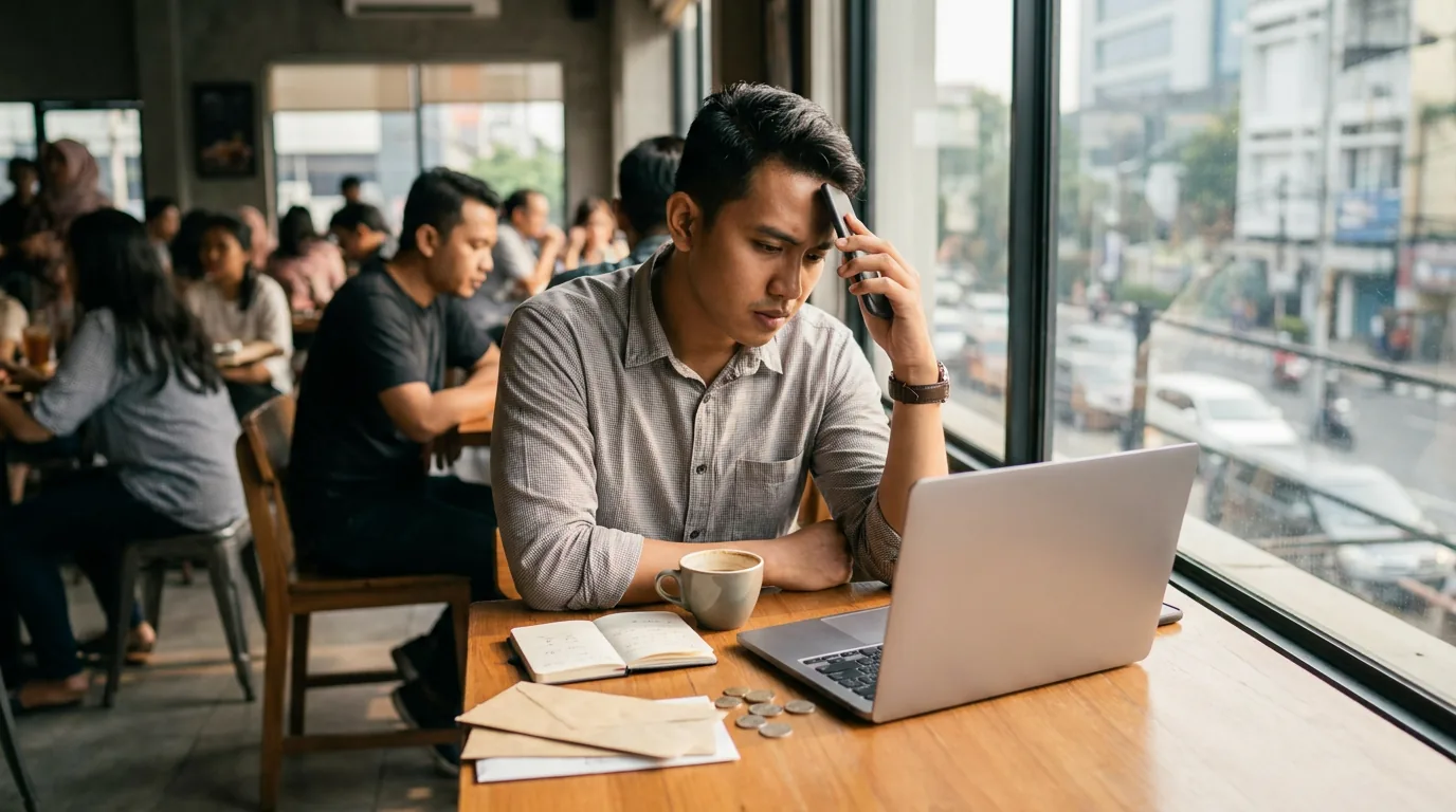 Seorang profesional muda Indonesia tampak terbebani saat melihat layar ponsel cerdasnya di sebuah kafe modern, menggambarkan tekanan finansial akibat banyaknya biaya langganan digital.