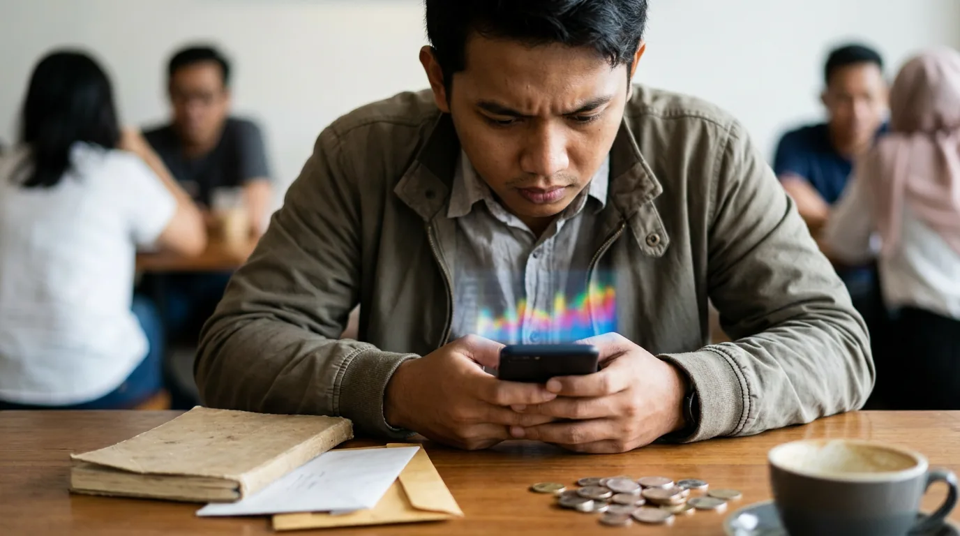 Pemuda Indonesia cemas melihat grafik investasi yang fluktuatif di ponsel.