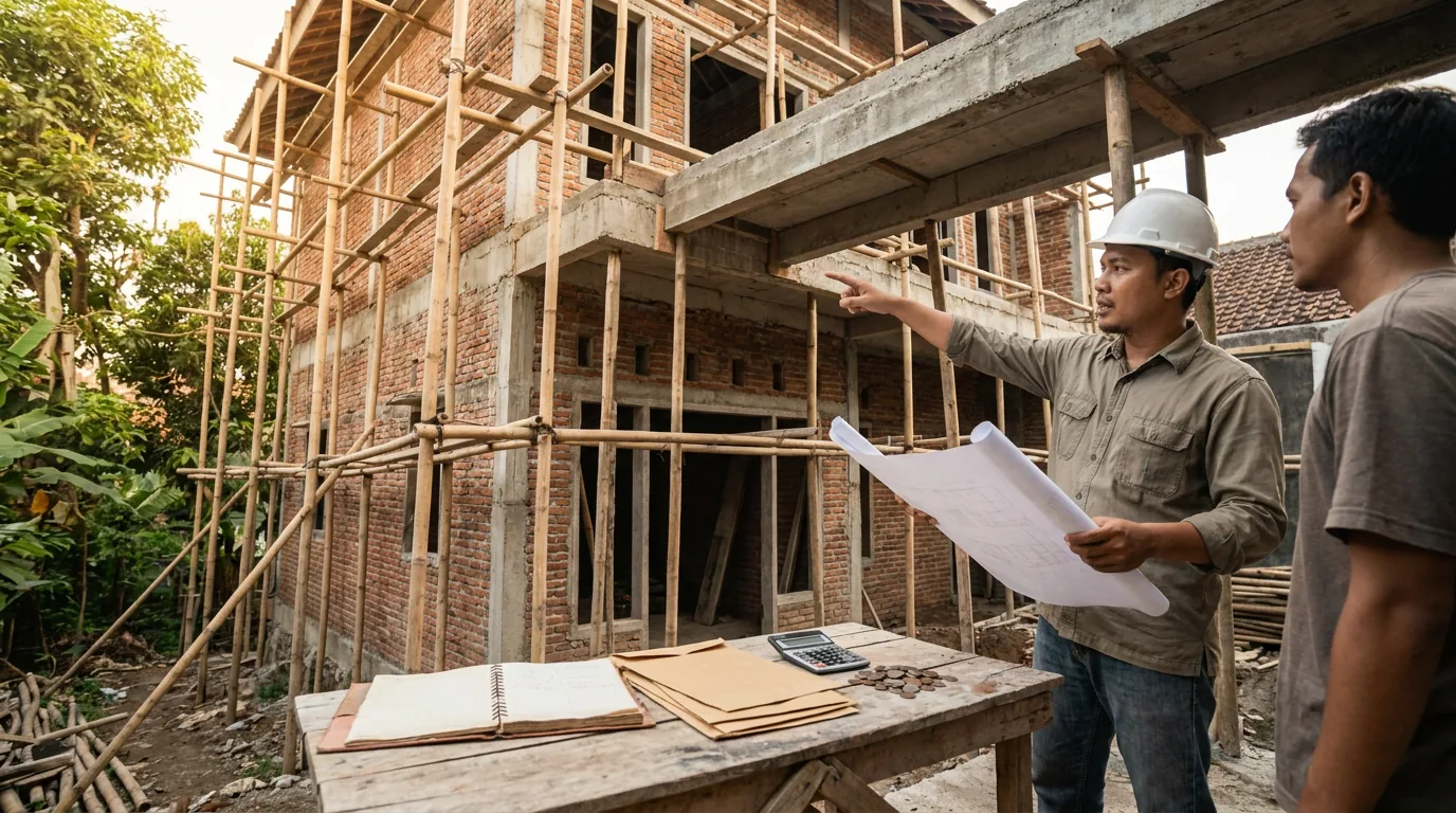 Sebuah rumah yang sedang dalam tahap renovasi dengan perancah kayu, menggambarkan pentingnya disiplin keuangan dan perencanaan matang dalam mengelola aset properti.