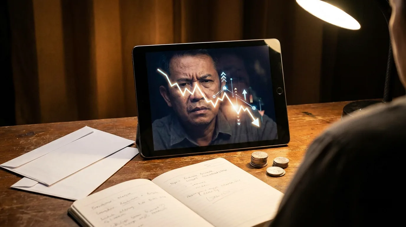 Pantulan wajah pria Indonesia pada layar kaca yang menampilkan grafik saham menurun tajam.