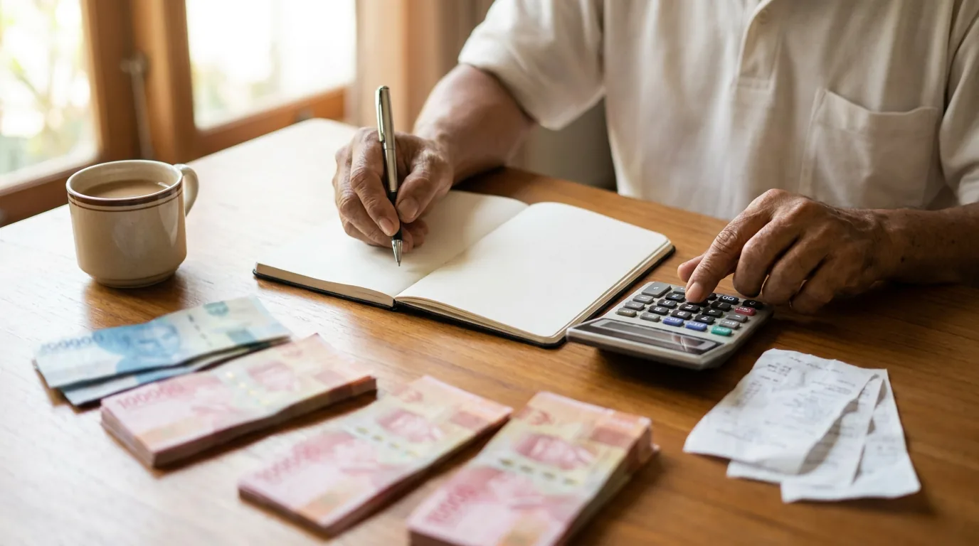 Seseorang sedang menghitung kebutuhan dana darurat dan merencanakan jaring pengaman finansial menggunakan kalkulator di atas meja.