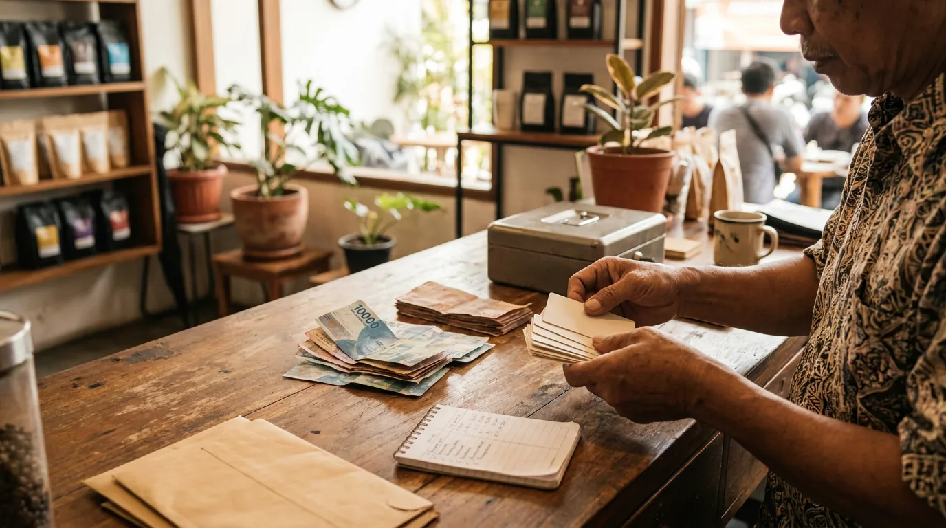 Pemilik kedai kopi di Indonesia sedang memisahkan tumpukan uang tunai di atas meja kasir, melambangkan pentingnya memisahkan aset pribadi dan keuangan bisnis.