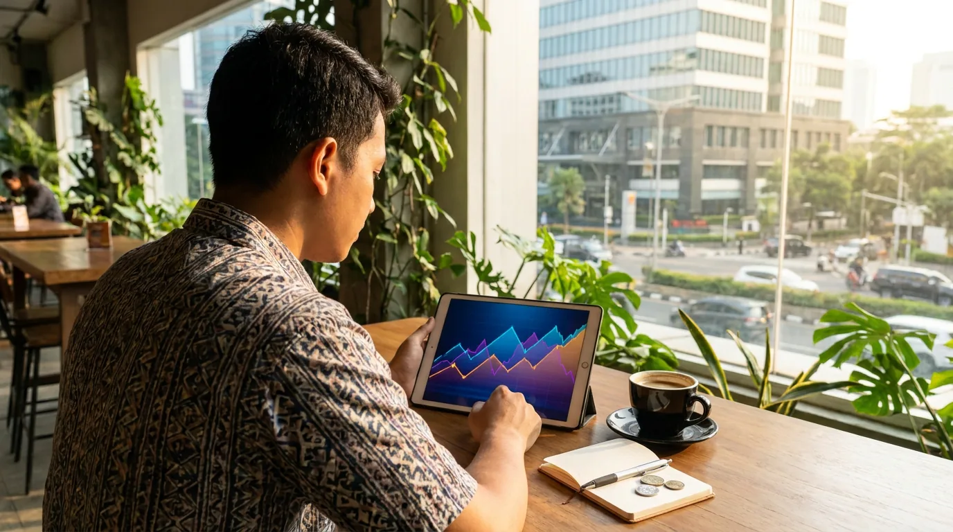 Seorang investor ritel muda di Indonesia sedang serius menganalisis grafik pergerakan saham abstrak di layar tabletnya.