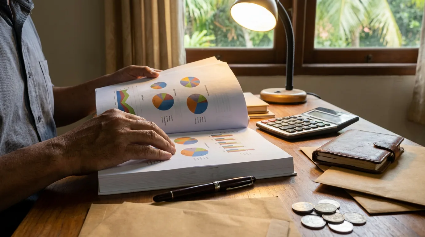 Tangan seorang analis yang sedang meneliti dokumen prospektus keuangan dan grafik untuk membedah fundamental perusahaan sebelum berinvestasi.