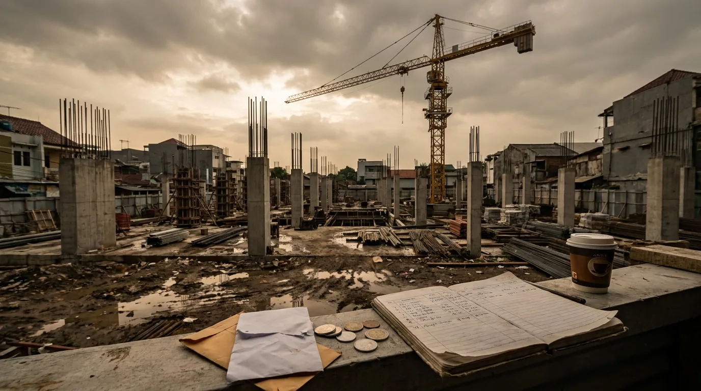 Proyek konstruksi bangunan yang terhenti di Jakarta dengan latar langit mendung.