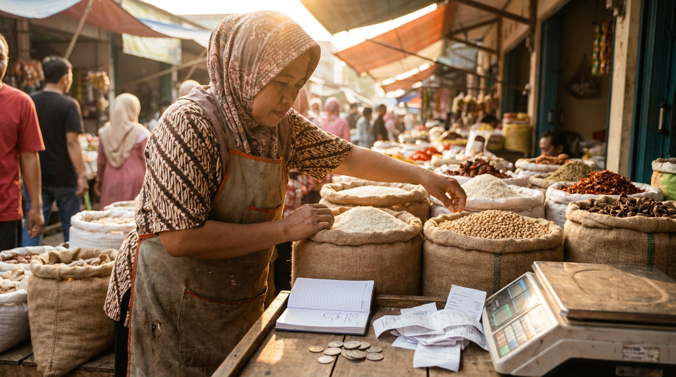 Pedagang di pasar tradisional Indonesia sedang merapikan karung berisi kedelai dan bahan pokok lainnya di tengah bayang-bayang kenaikan harga.