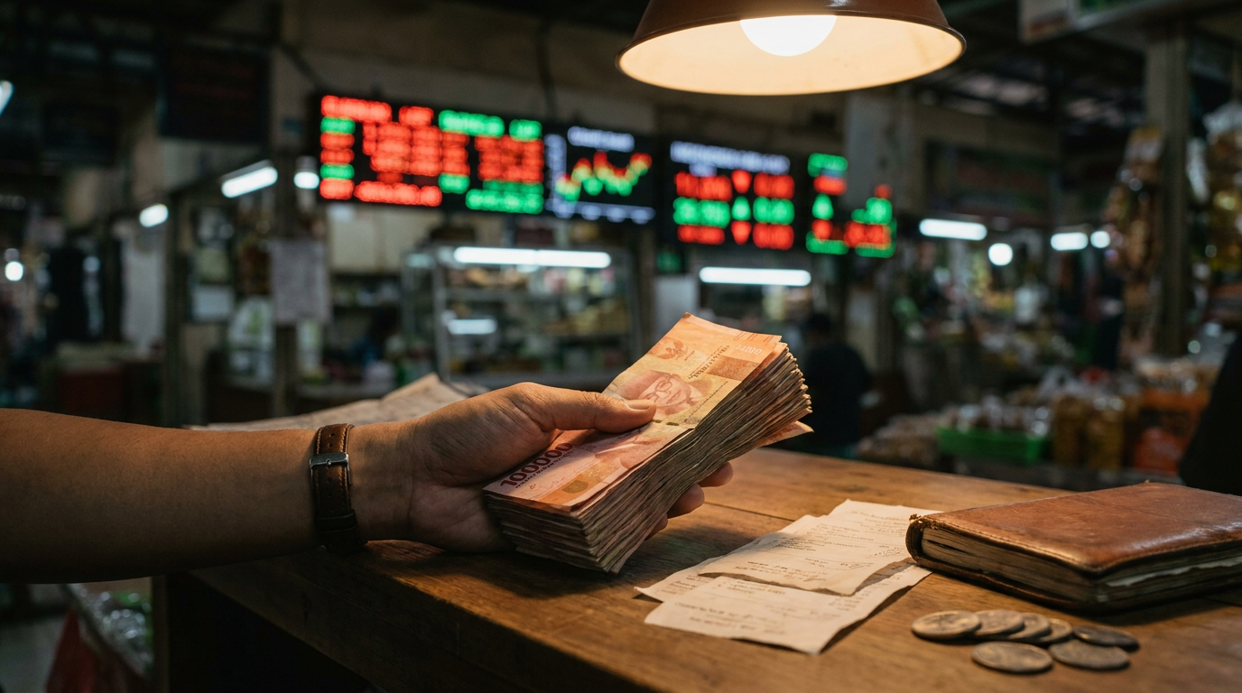 Tangan memegang tumpukan uang kertas Rupiah dengan latar belakang papan angka digital bursa yang buram, merepresentasikan fluktuasi nilai tukar.