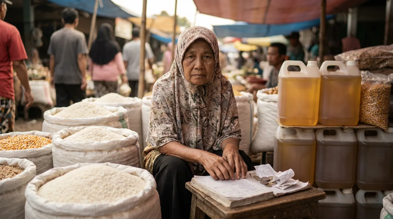 Pedagang pasar tradisional duduk di dekat tumpukan karung beras dan bahan pokok lainnya di tengah ancaman inflasi dan cuaca El Nino.