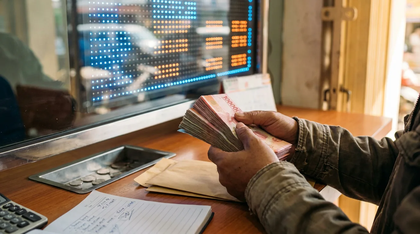 Seseorang memegang uang kertas Rupiah di depan papan penukaran mata uang digital yang buram.